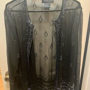 Laurence Kazar Black Beaded Sheer Cardigan size L